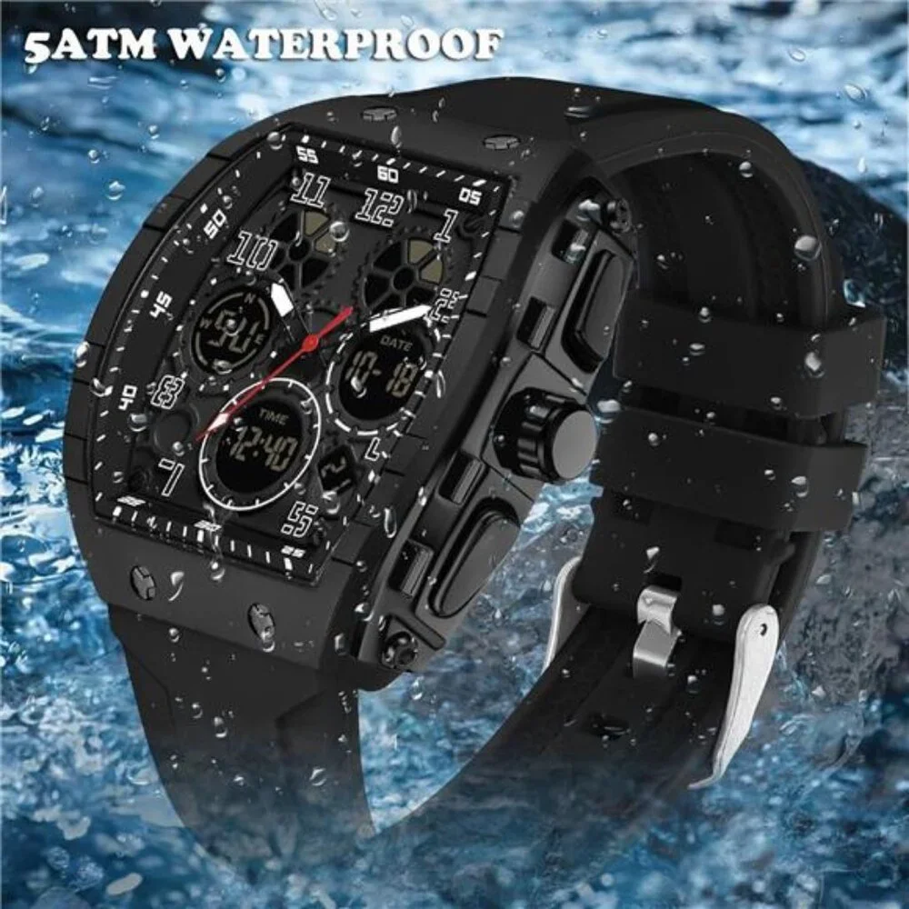 Mens Rectangular Watch With Digital Analog Dual Time Display Square Dial